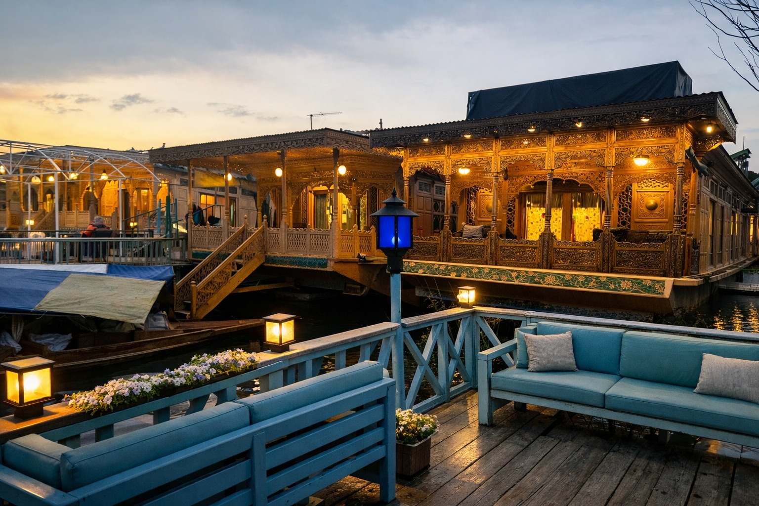 Premium houseboat deck with lake view Srinagar Kashmir — 4-star honeymoon stay